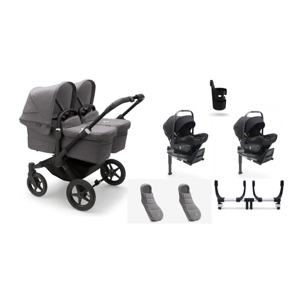 Bugaboo Donkey 5 Twin Gestell (Schwarz) / Stoff (Grau Meliert) / Dach (Grau Meliert) Ultimate Bundle