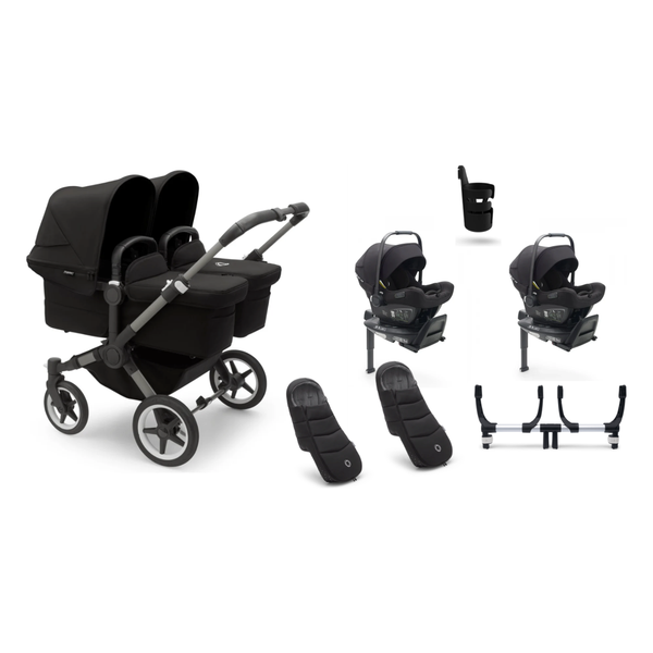 Bugaboo Donkey 5 Twin Gestell (Graphit) / Stoff (Mitternachtsschwarz) / Dach (Mitternachtsschwarz) Ultimate Bundle