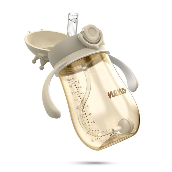 Neno® Mio 2 Cream Premium Babyflasche mit Trinkhalm - BPA Frei - Anti-Kolik-Sauger