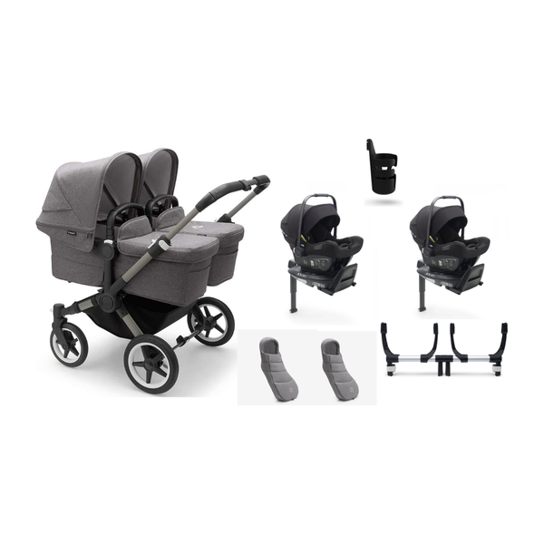 Bugaboo Donkey 5 Twin Gestell (Graphit) / Stoff (Grau Meliert) / Dach (Grau Meliert) Ultimate Bundle