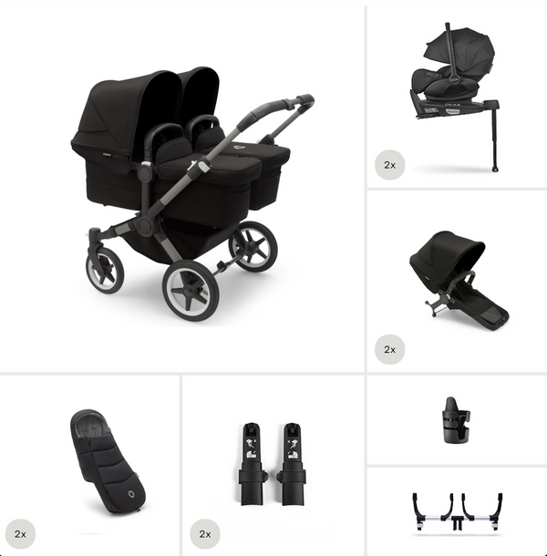 Bugaboo Donkey 5 Twin Gestell (Graphit) / Stoff (Mitternachtsschwarz) / Dach (Mitternachtsschwarz) All-in-One Set