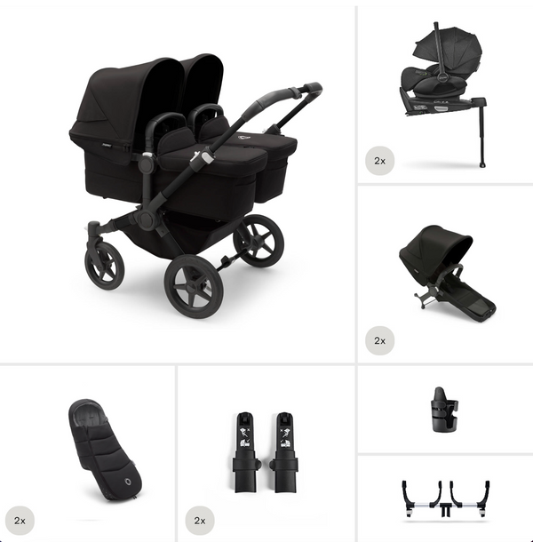 Bugaboo Donkey 5 Twin Gestell (Schwarz) / Stoff (Mitternachtsschwarz) / Dach (Mitternachtsschwarz) All-in-One Set